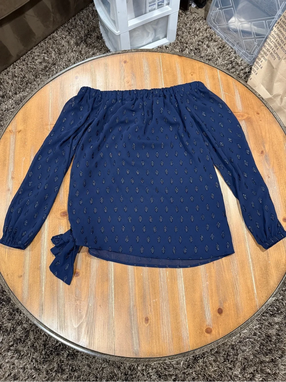 Michael Kors Off Shoulder Tie Waist Textured Navy Blue Blouse Women's S NWT